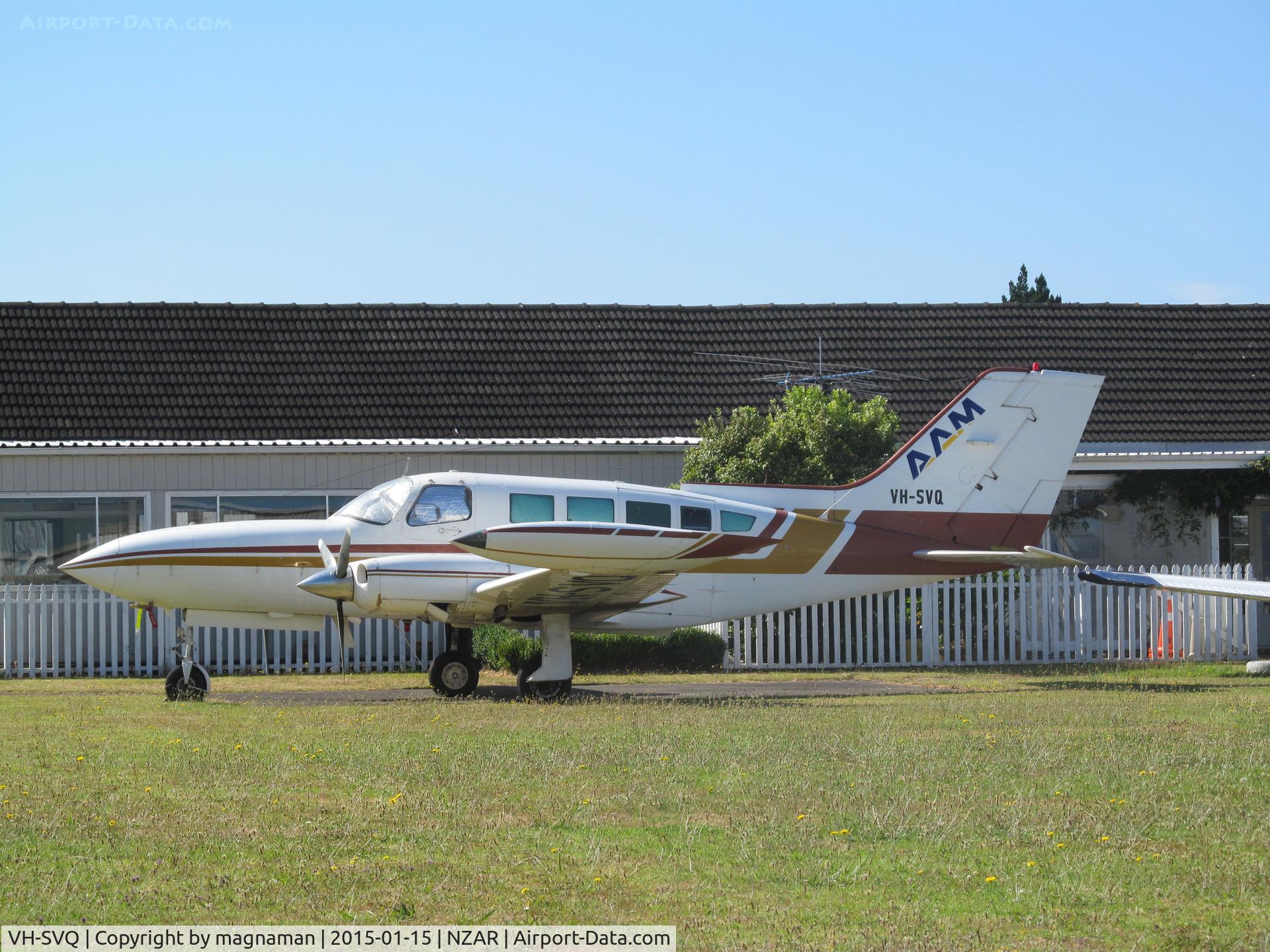 VH-SVQ, 1975 Cessna 402B Businessliner C/N 402B0601, At Ardmore following spell aerial surveying in NZ