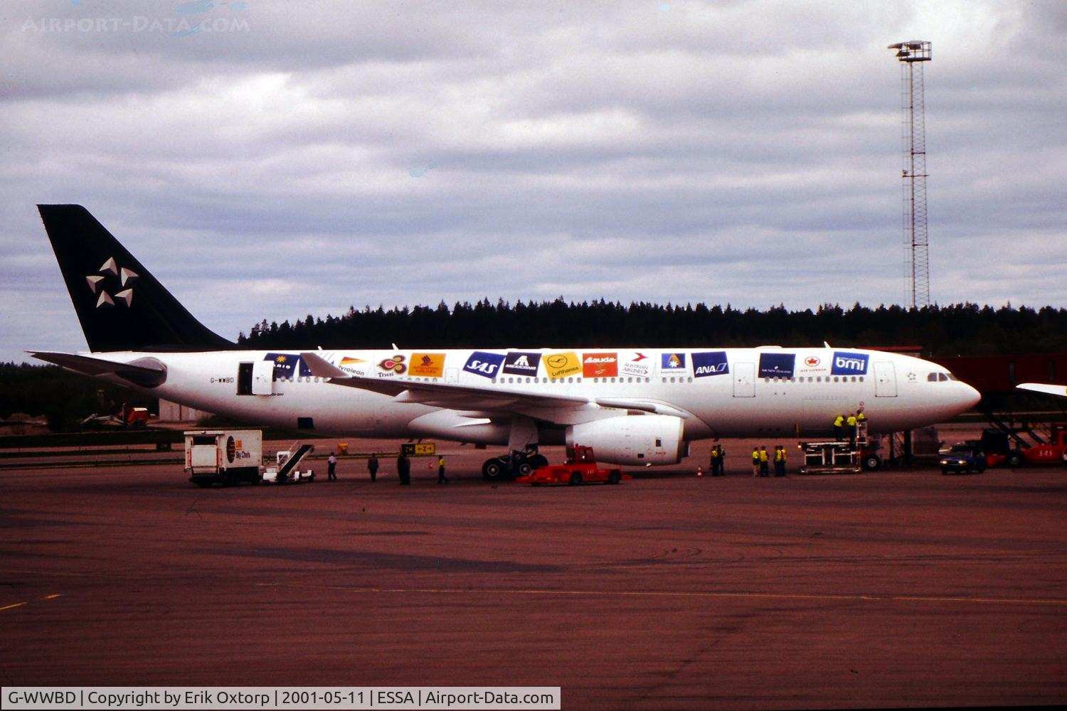 G-WWBD, 2001 Airbus A330-243 C/N 401, G-WWBD in ARN MAY01. Leased by SAS on the day of the first Commercial flight