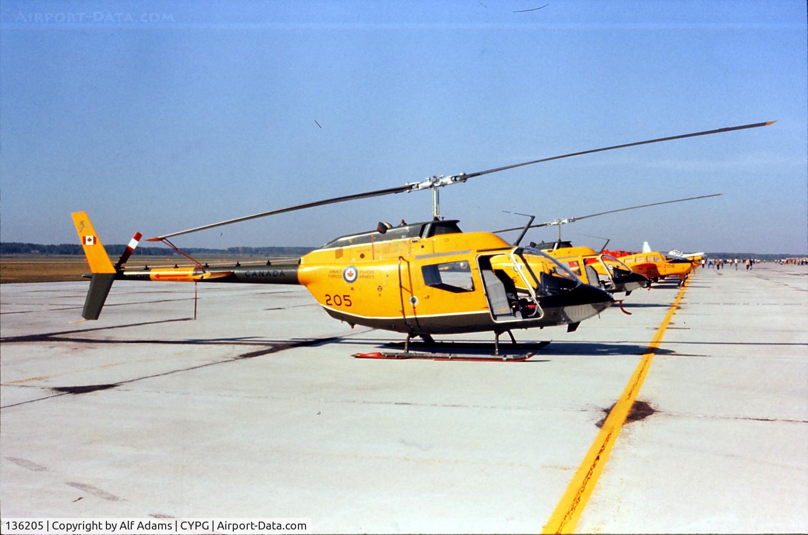 136205, 1971 Bell CH-136 Kiowa C/N 44005, Photo shows Kiowa 136205 in 1976 when it attended the airshow at Canadian Forces Base Portage la Prairie, Manitoba, Canada.