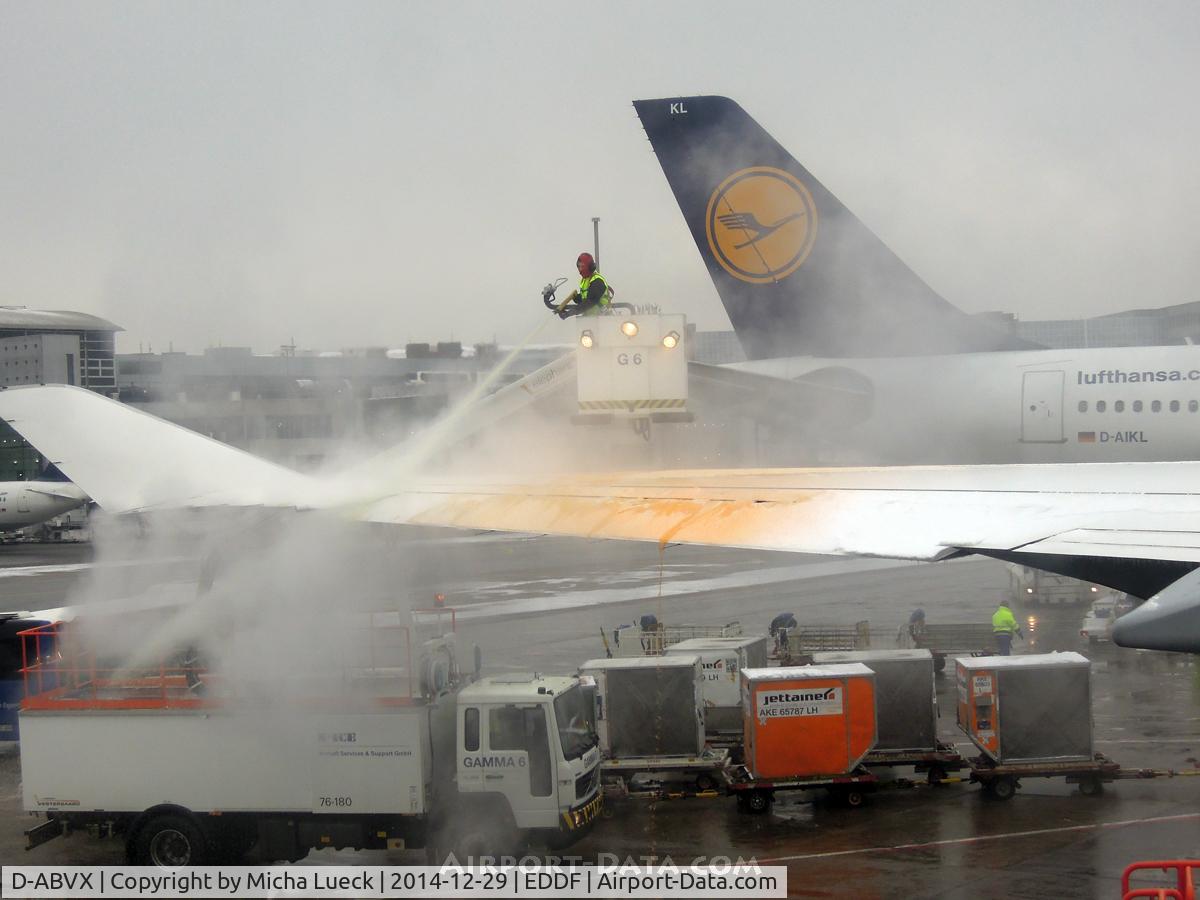 D-ABVX, 1999 Boeing 747-430 C/N 29868, Heavy deicing delayed us for about 90 minutes, before we were on our way to Vancouver