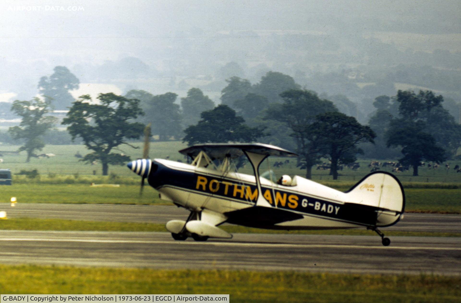 G-BADY, 1972 Aerotek Pitts S-2A Special C/N 2037, Pitts S-2A of the Rothmans aerobatic display team preparing for action at the 1973 Royal Air Force Association Airshow at Woodford.