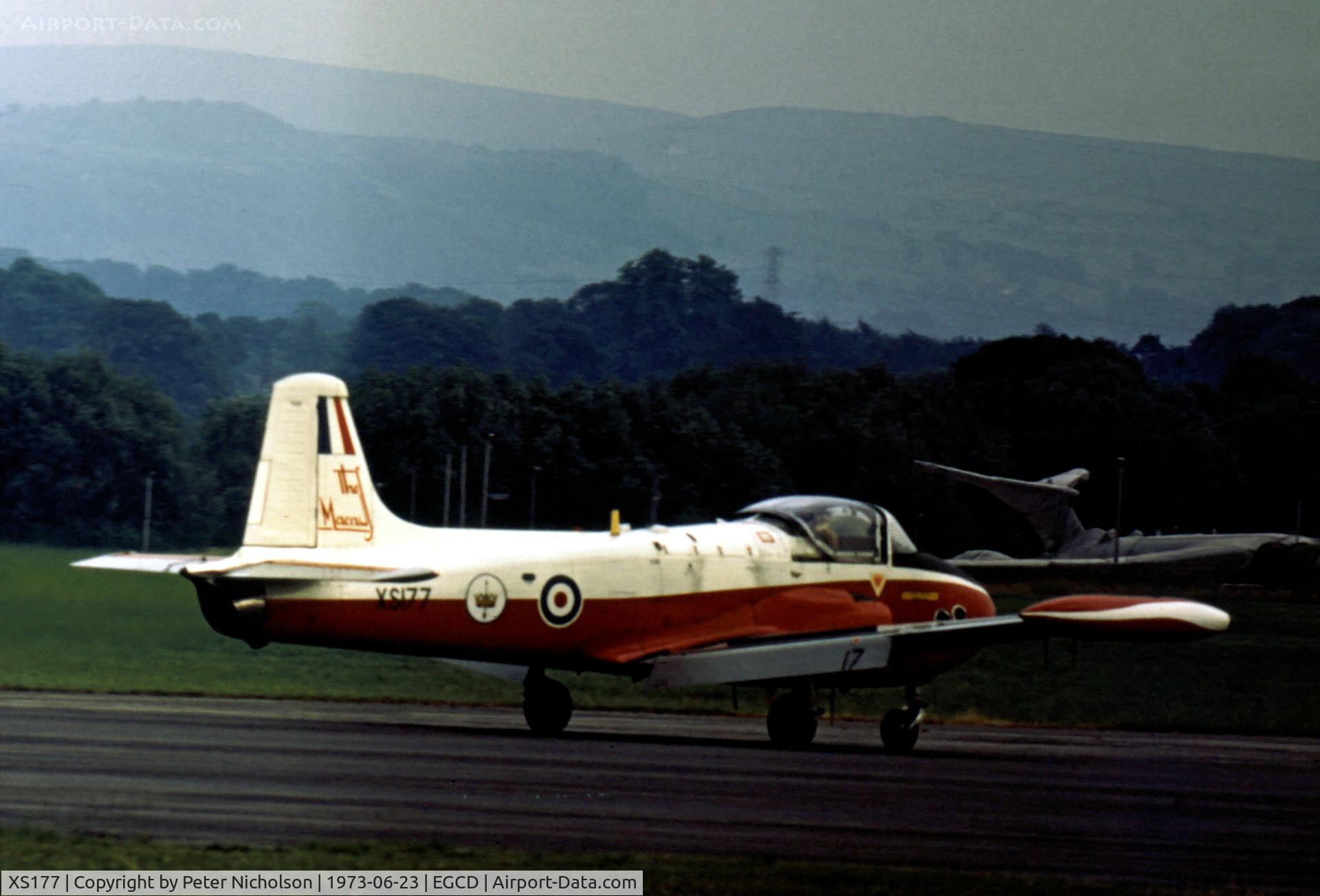 XS177, 1963 BAC 84 Jet Provost T.4 C/N PAC/W/22163, Jet Provost T.4 of the Macaws aerobatic display team as seen at the 1973 Royal Air Force Association Airshow at Woodford.