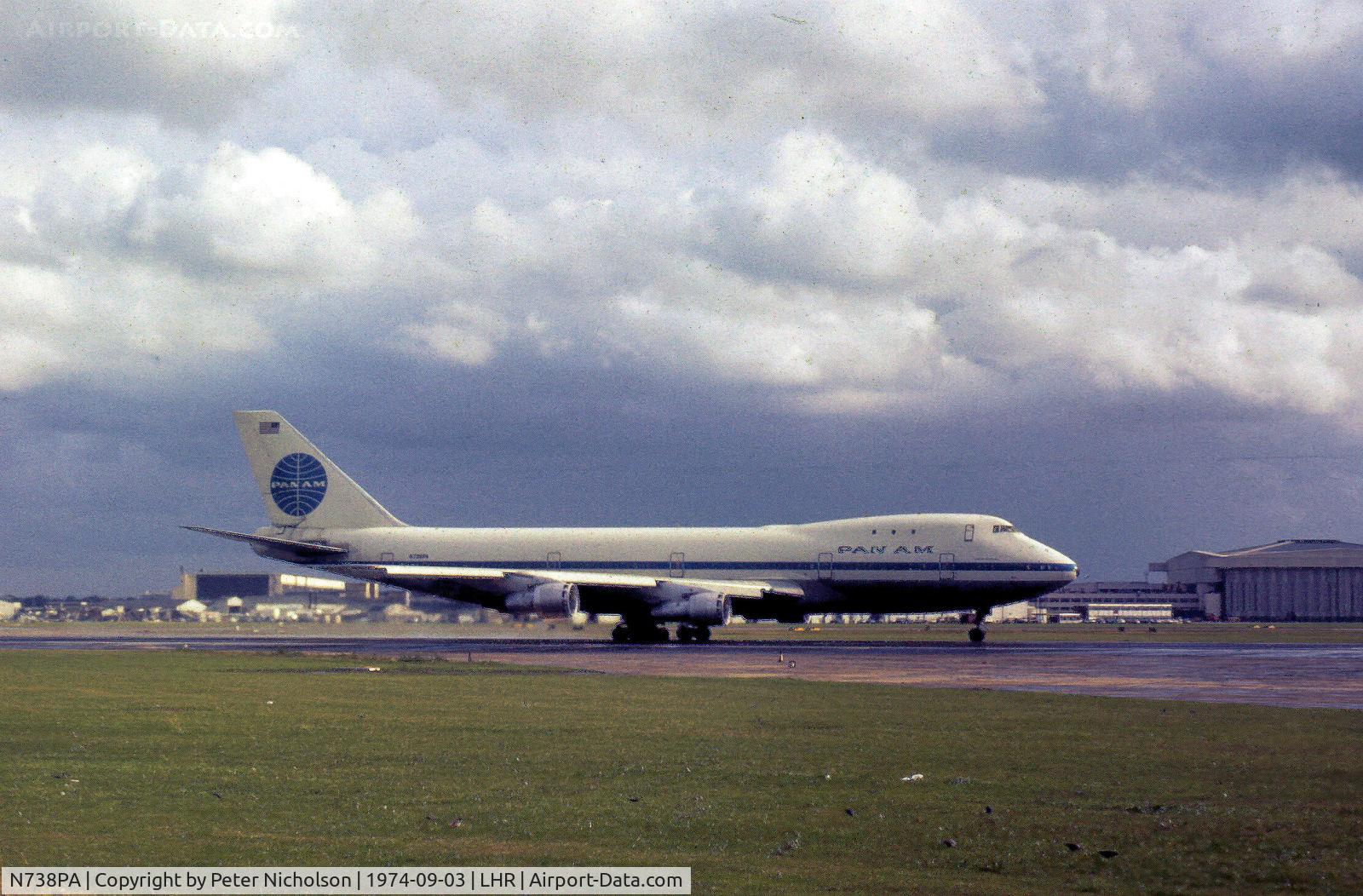 N738PA, 1970 Boeing 747-121 C/N 19645, Pan American World Airways Boeing 747-121 as seen at Heathrow in September 1974.