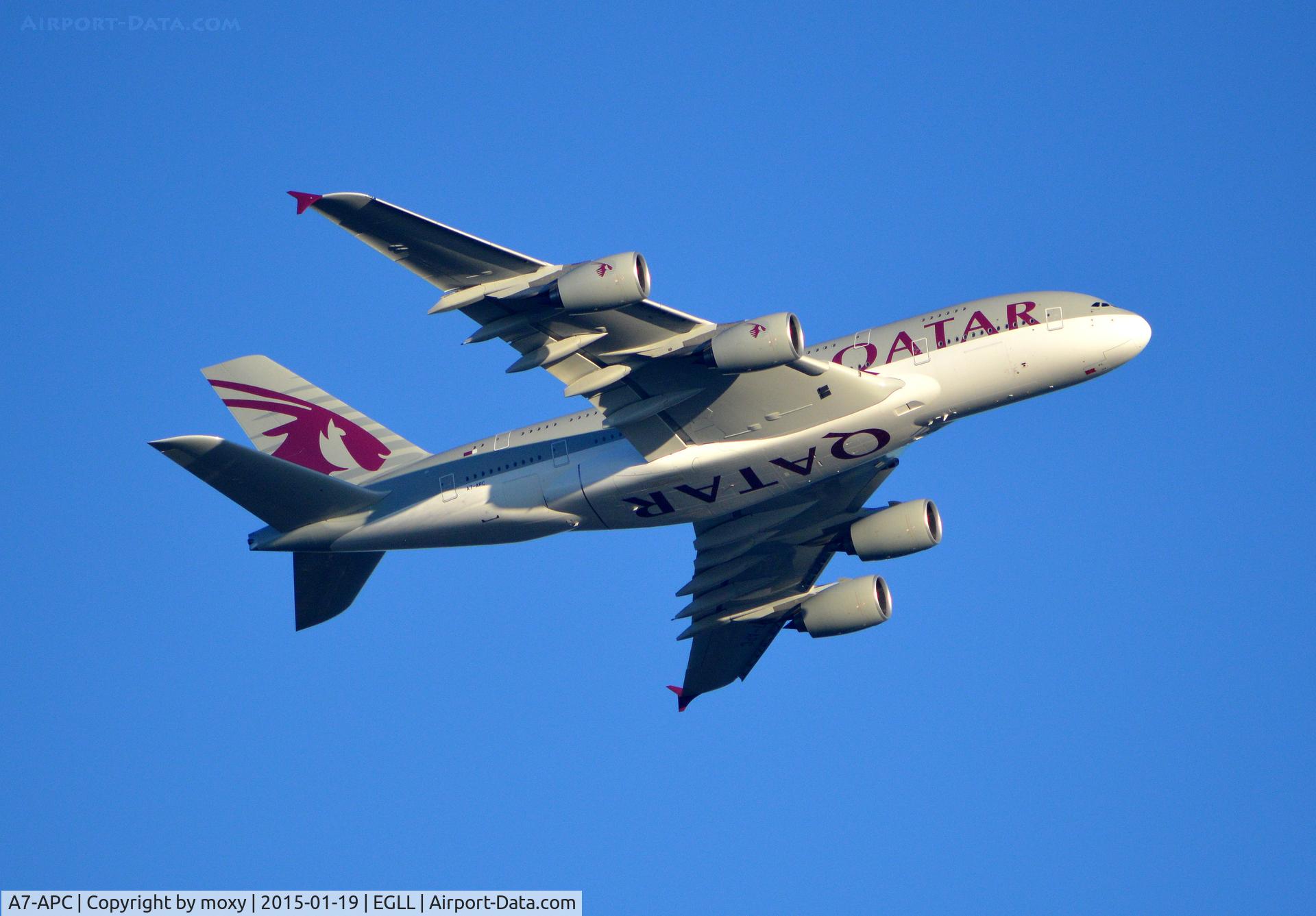 A7-APC, 2013 Airbus A380-861 C/N 145, Airbus A380-861 climbing out over Old Windsor from London Heathrow.