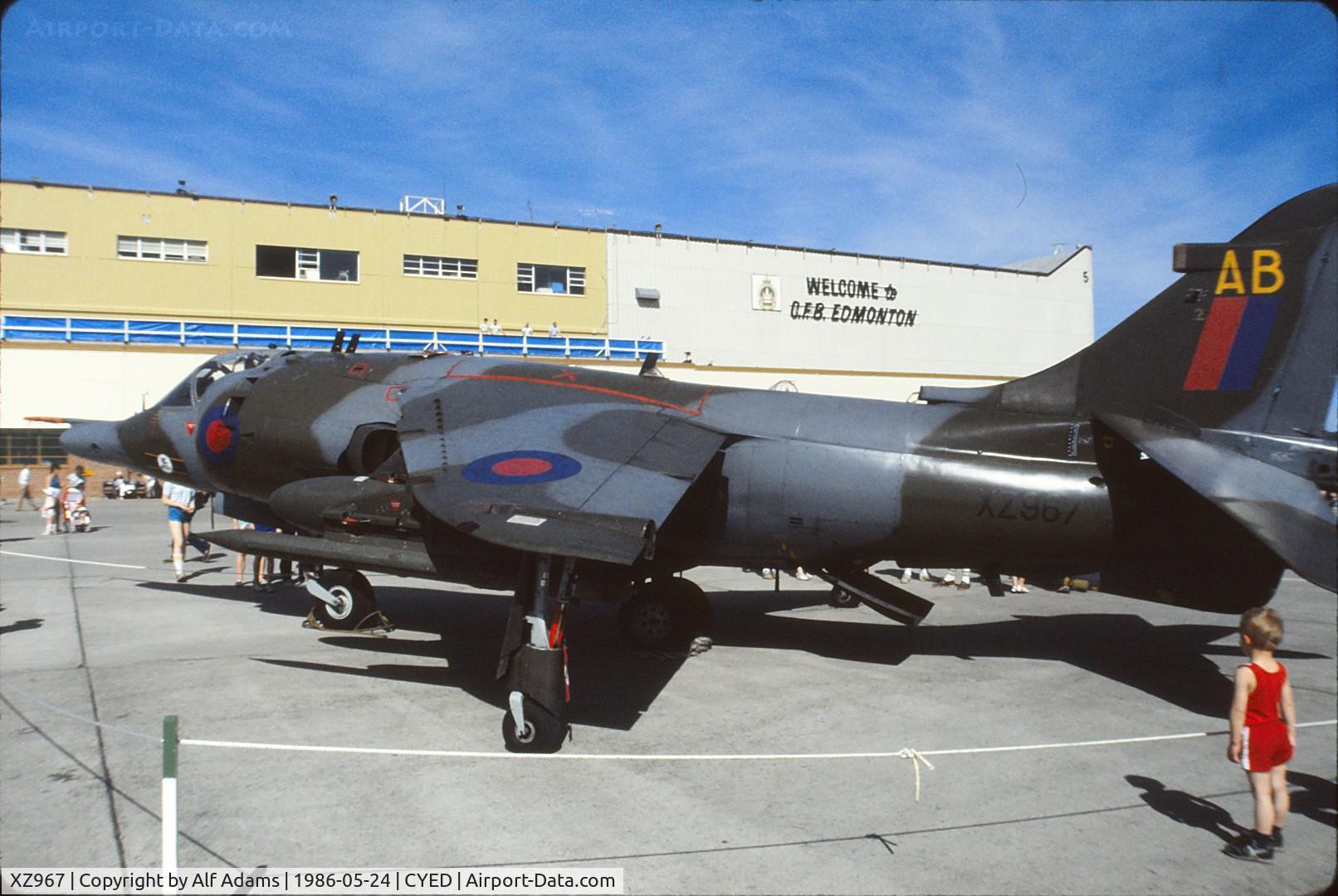 XZ967, 1980 Hawker Siddeley Harrier GR.3 C/N 712203, Photo shows Harrier GR3 XZ967 on display at the annual airshow at Canadian Forces Base Edmonton (Namao), Alberta, Canada in 1986.
