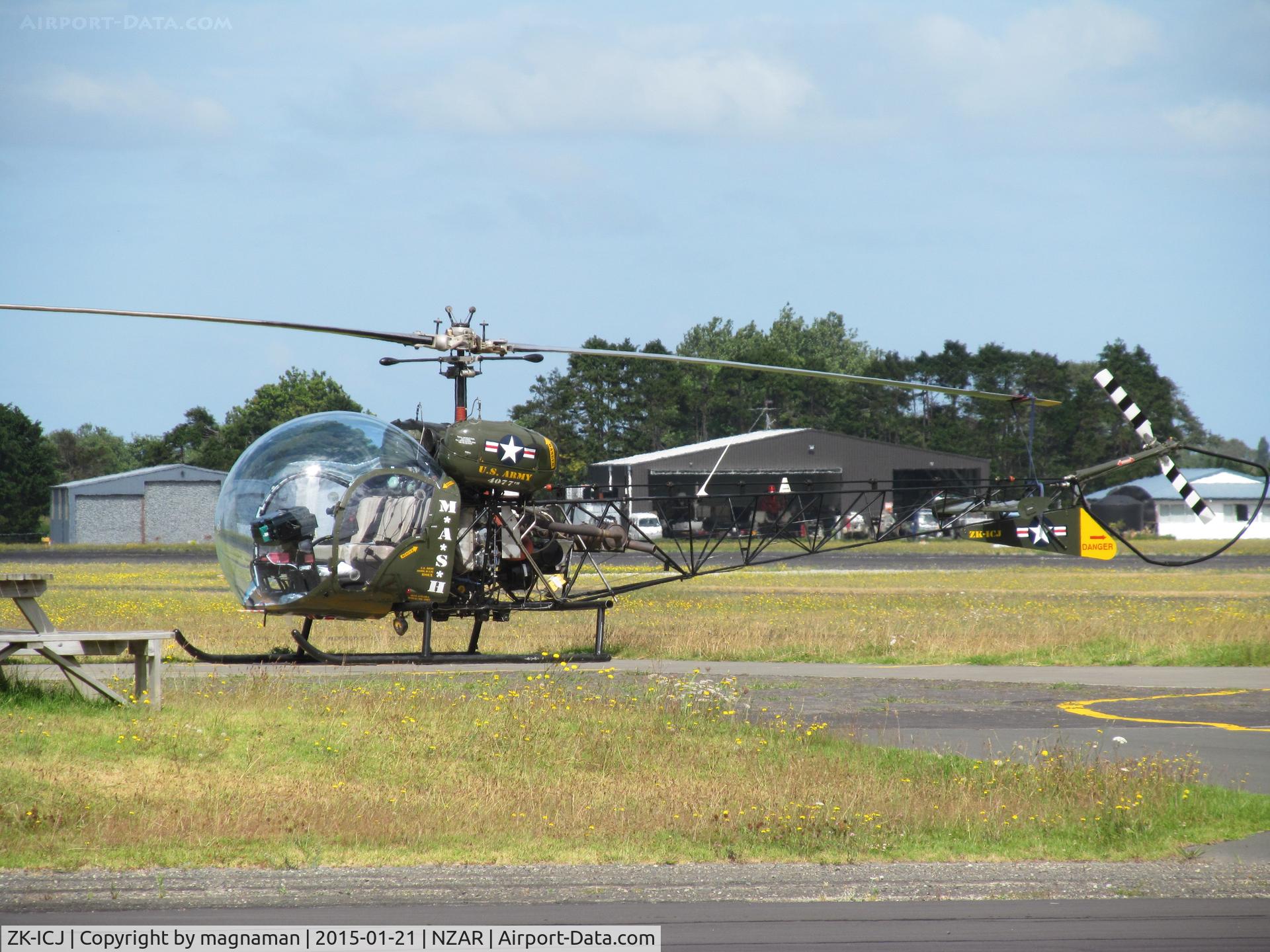 ZK-ICJ, Bell 47G-3B-1 Sioux C/N 3337, out in sunshine at ardmore