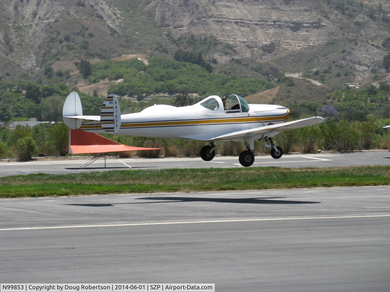 N99853, 1946 Erco 415C Ercoupe C/N 2476, 1946 ERCO Ercoupe 415-C, Continental O-200 100 Hp upgrade, takeoff Rwy 22