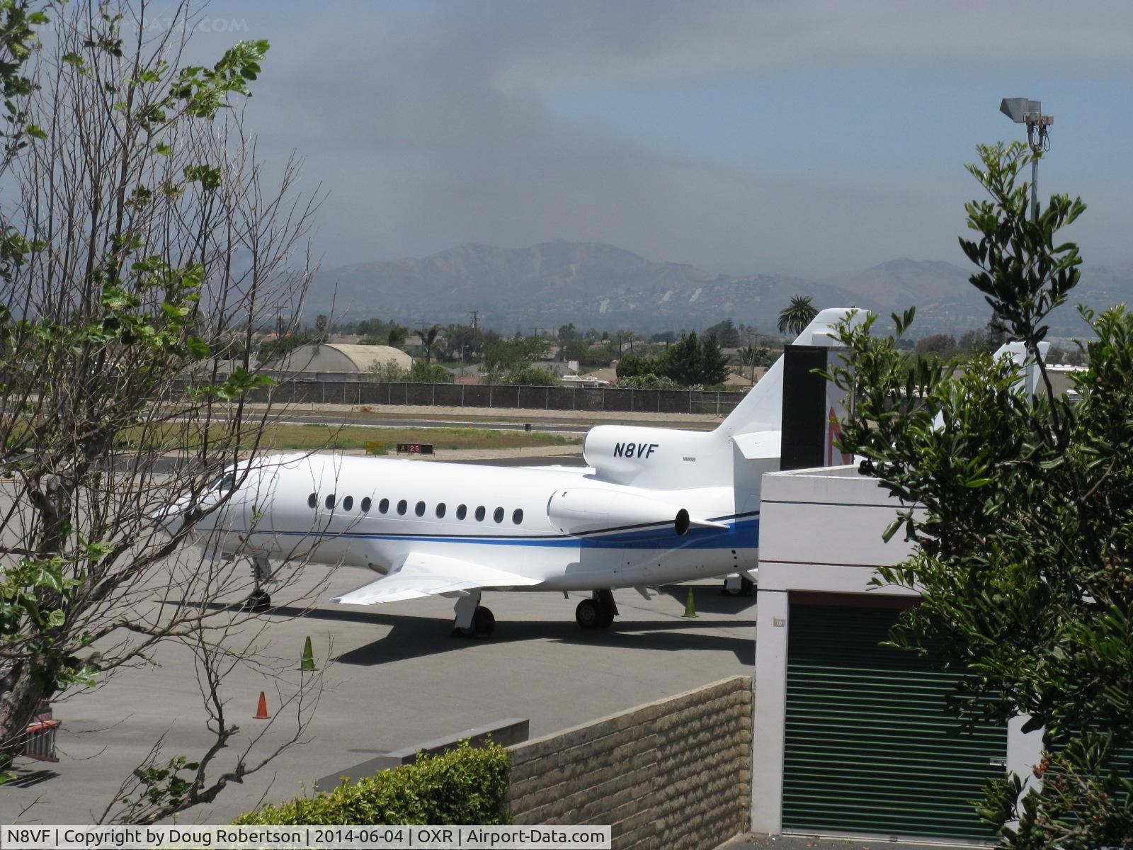 N8VF, 1986 Dassault-Breguet Falcon (Mystere) 900 C/N 12, 1986 Dassault-Breguet Mystere Falcon 900, three Garrett-Airesearch TFE 731-5AR-1C Turbofans 4,500 lb st each, long range transcontinental jet of VF Corp., taken from off-airport OXR