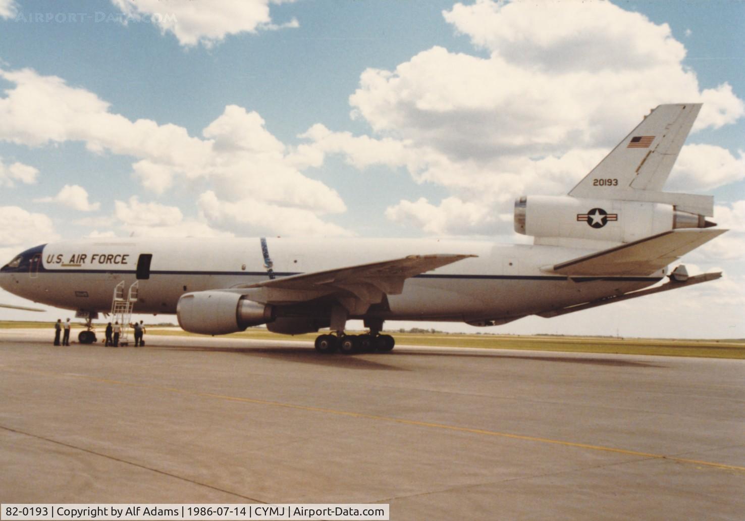 82-0193, 1982 McDonnell Douglas KC-10A Extender C/N 48215, Photo shows KC-10A Extender on display at the annual airshow at Canadian Forces Base Moose Jaw, Saskatchewan, Canada in 1986.