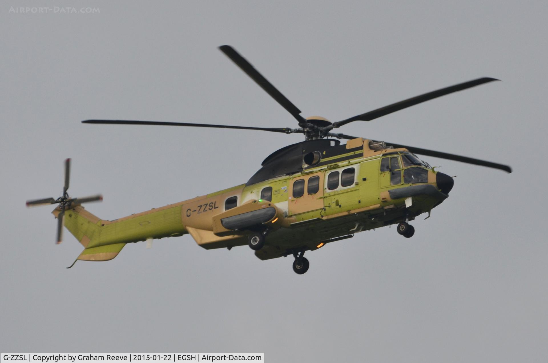 G-ZZSL, 2014 Airbus Helicopters EC-225LP Super Puma C/N 2928, About to land at Norwich for fuel on it's delivery flight to Bristow Helicopters.