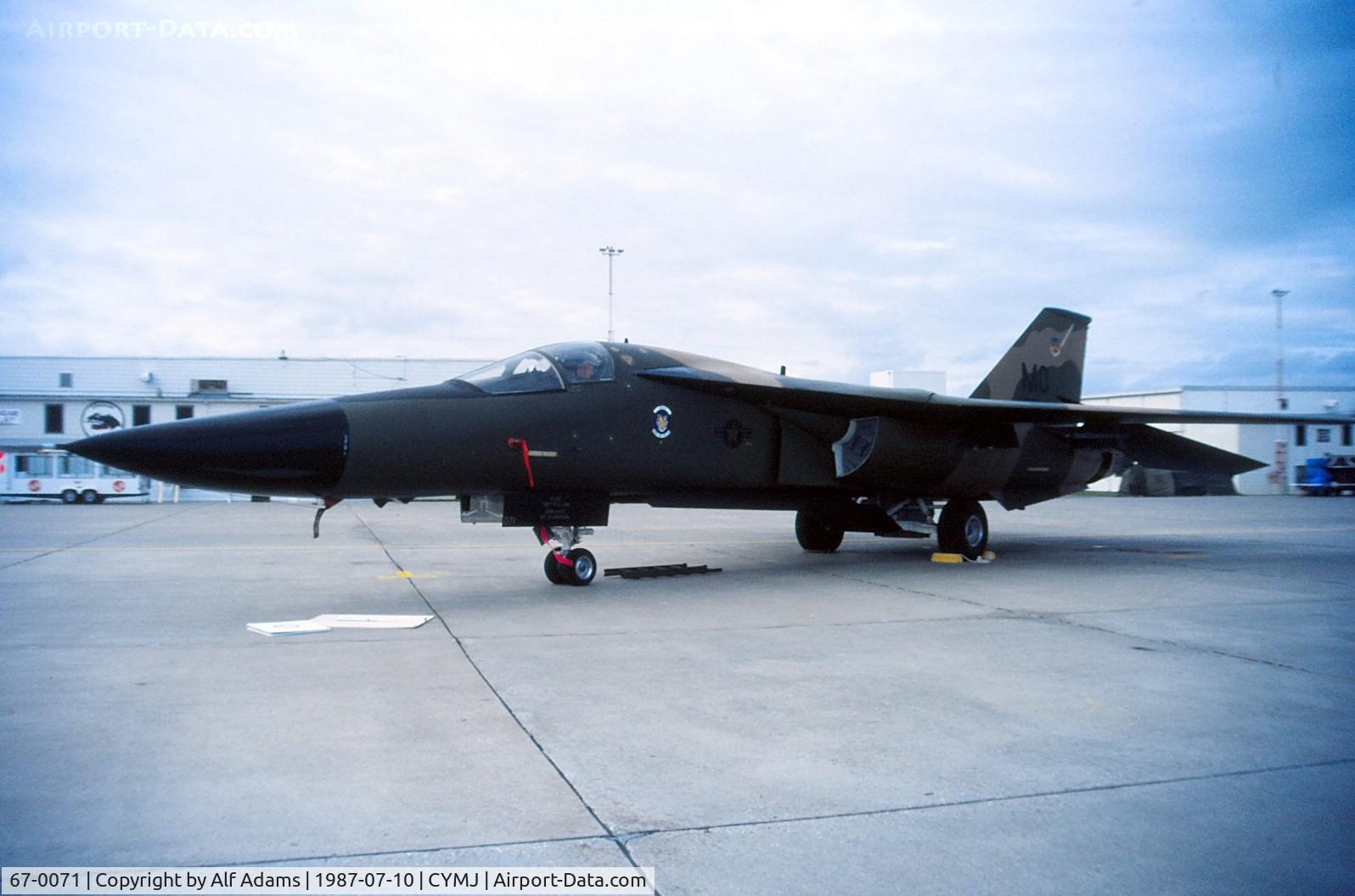67-0071, 1967 General Dynamics F-111A Aardvark C/N A1-198, F-111A Aardvark 67-0071 on display at the annual airshow at Canadian Forces Base Moose Jaw, Saskatchewan, Canada in 1987.