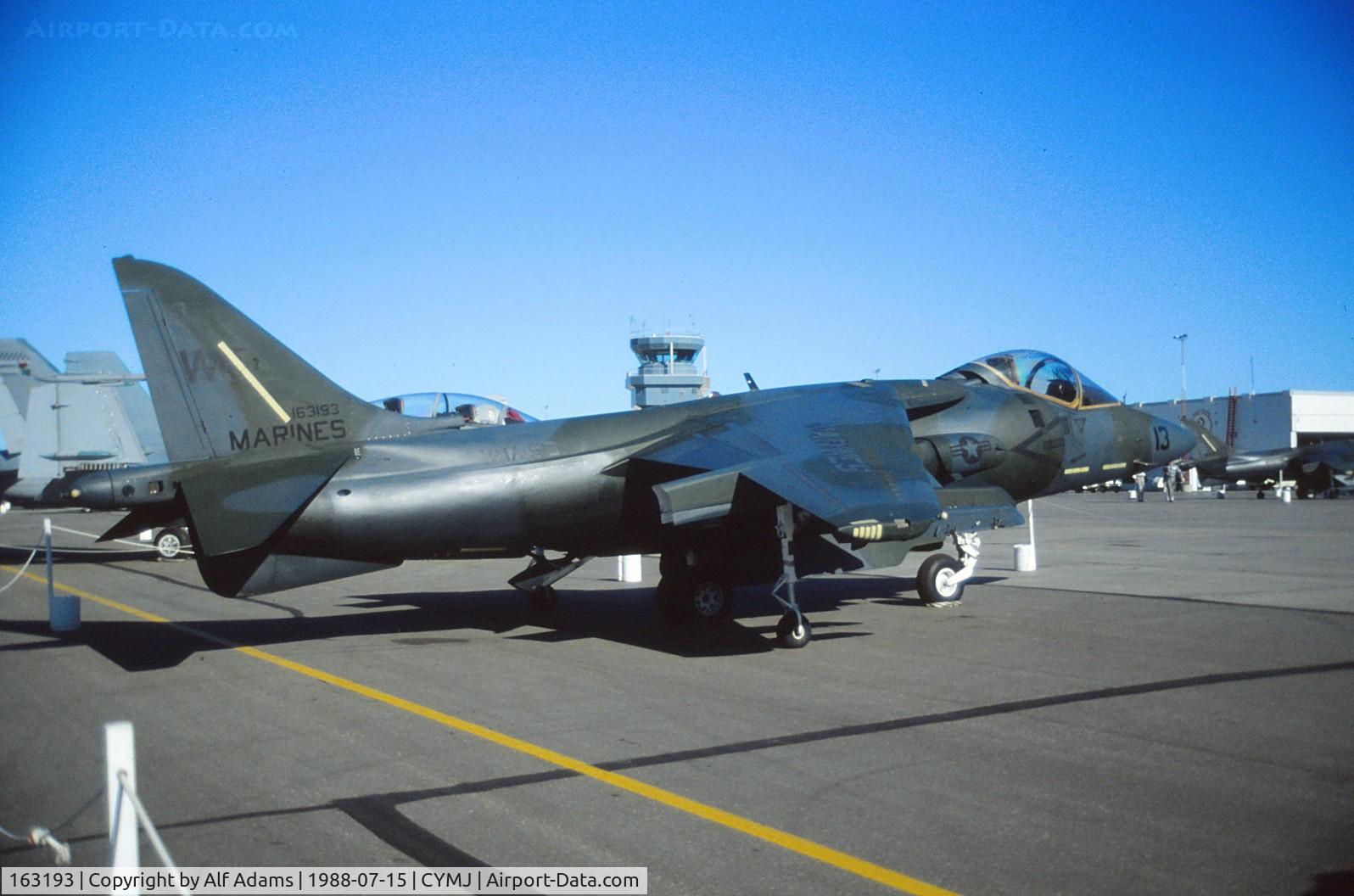 163193, McDonnell Douglas AV-8B Harrier II C/N 108, AV-8B Harrier 2 163193 on display at the annual airshow at Canadian Forces Base Moose Jaw, Saskatchewan, Canada in 1988.