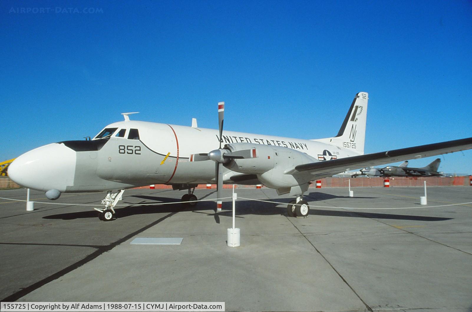 155725, 1967 Grumman TC-4C Academe (G-159) C/N 182, TC-4C 155725 on display at the annual airshow at Canadian Forces Base Moose Jaw, Saskatchewan, Canada in 1988.