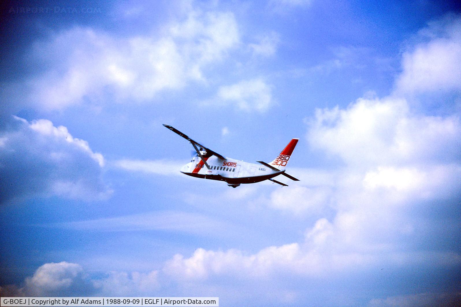 G-BOEJ, 1988 Short 360-100 C/N SH.3736, Shorts 360-300 in flight at the Farnborough Airshow 1988.