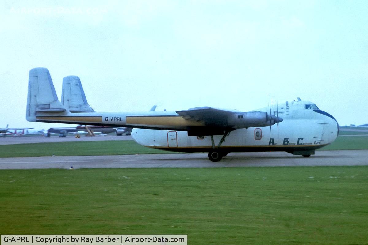 G-APRL, 1959 Armstrong Whitworth AW650 Argosy 101 C/N 6652, Armstrong Whitworth AW.650 Argosy 101 [6652] (Air Bridge Carriers Ltd) (Place and date unknown). From a slide.