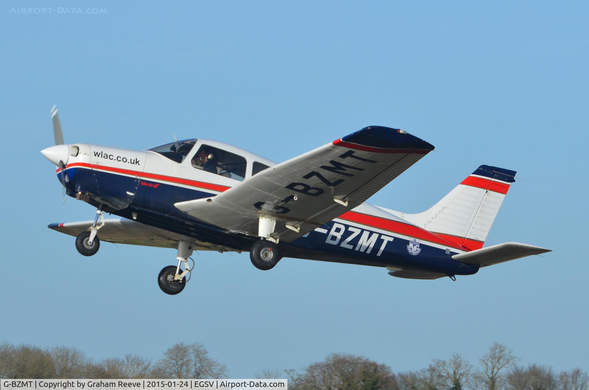 G-BZMT, 2000 Piper PA-28-161 Cherokee Warrior III C/N 28-42107, Departing from Old Buckenham.