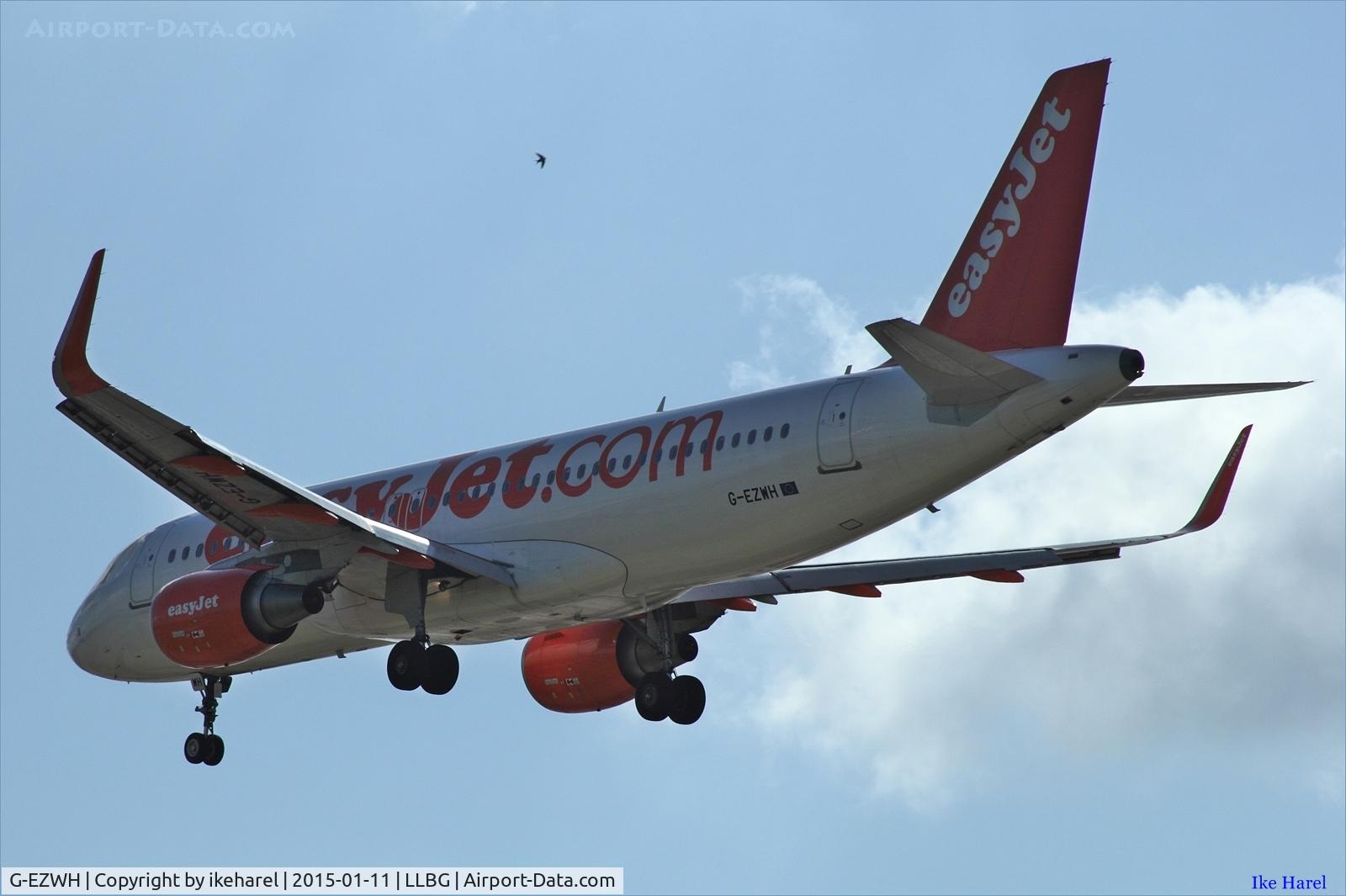 G-EZWH, 2013 Airbus A320-214 C/N 5542, Landing on runway 12. Small bird appear above the fuselage. Managed  backlight.