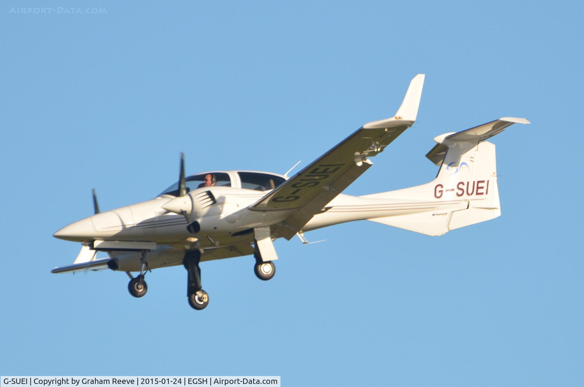 G-SUEI, 2009 Diamond DA-42 Twin Star C/N 42.415, About to land at Norwich.