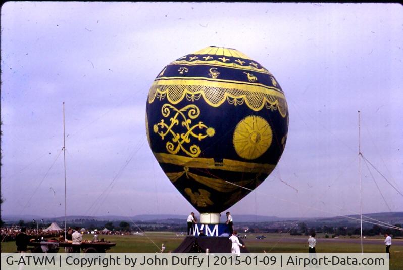 G-ATWM, Hawker Siddeley MONTGOLFIER HOT AIR BALLOON C/N B.100, 1/3 replica of the Montgolfier Balloon. Made by trainees at Hawker Siddeley Aviation Chadderton in 1966. Taken at a garden party held to celebrate the centenary of the Royal Aeronautical Society.