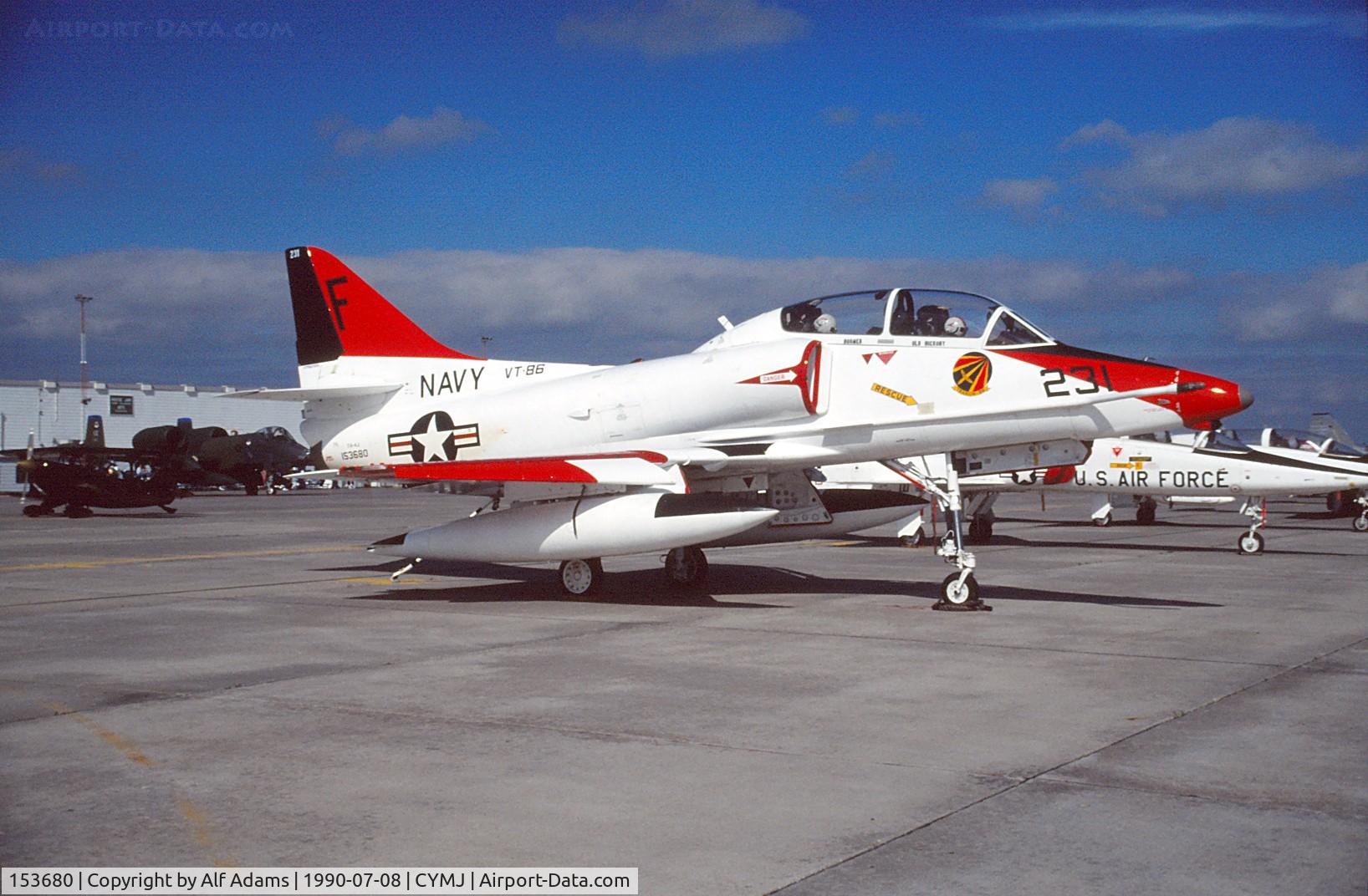 153680, Douglas TA-4J Skyhawk C/N 13618, Displayed at the annual airshow at Canadian Forces Base Moose Jaw, Saskatchewan, Canada in 1990.
