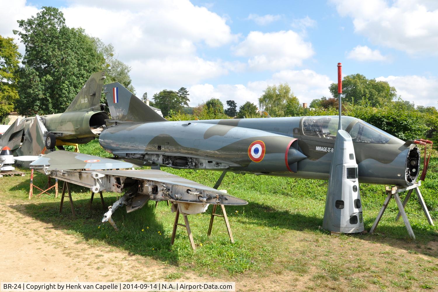 BR-24, Dassault Mirage 5BR C/N 324, Dassault Mirage 5BR, repainted in French Air Force c/s, at the Chateau de Savigny aircraft museum. It looks ready for reassembly.