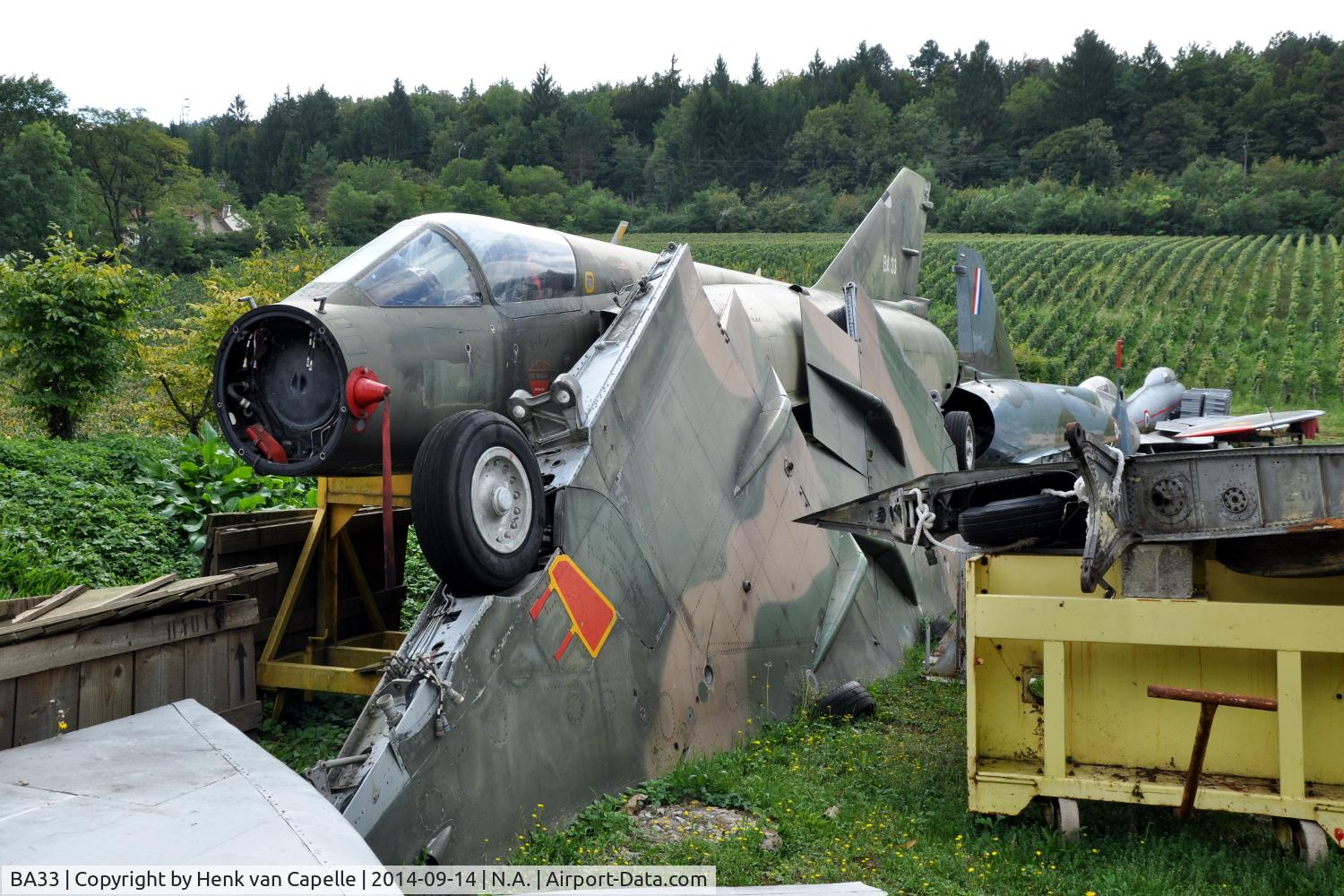 BA33, SABCA Mirage 5BA C/N 33, Disassembled Mirage 5BA of the Belgian Air Force at the Chateau de Savigny aircraft museum.