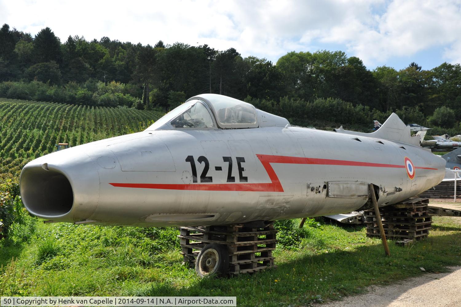 50, Dassault Super Mystere B.2 C/N 50, Freshly repainted fuselage of a Dassault Super Mystère B.2 fighter  at the Chateau de Savigny aircraft museum.