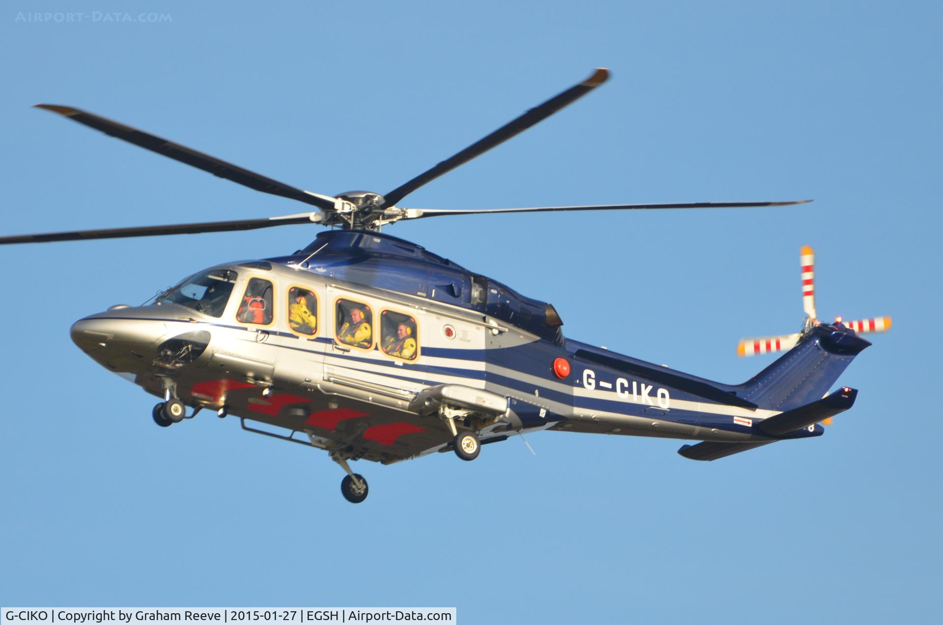 G-CIKO, 2014 AgustaWestland AW-139 C/N 41378, About to land at Norwich.