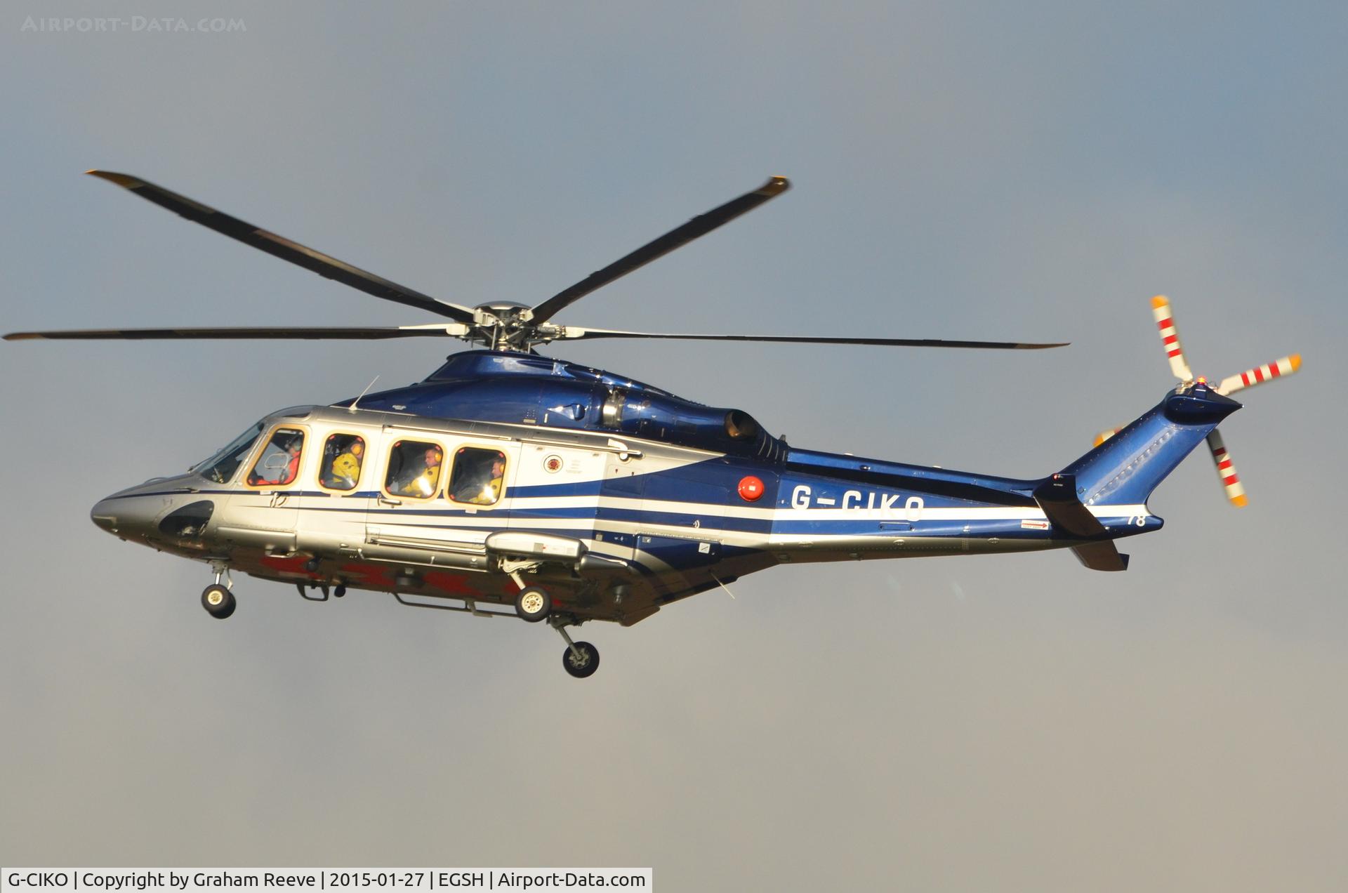 G-CIKO, 2014 AgustaWestland AW-139 C/N 41378, About to land at Norwich.
