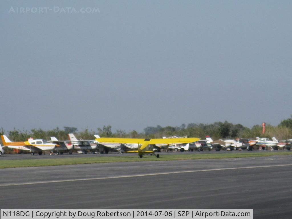 N118DG, 2008 Piper PA-18 Replica C/N 001, 2008 Ganzer XPA18, Continental O-200-100-Hp, Experimental class, landing roll Rwy 22L grass