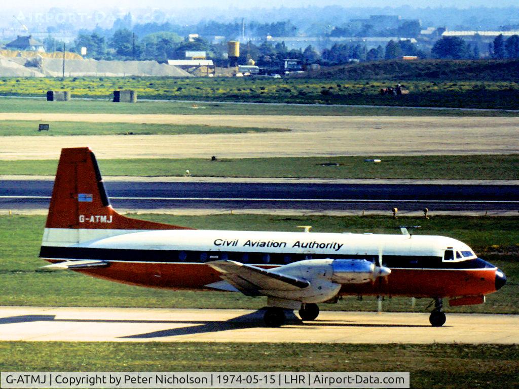 G-ATMJ, 1966 Hawker Siddeley HS.748 Series 2A C/N 1593, HS.748 Series 2 of the Civil Aviation Authority as seen at Heathrow in May 1974.