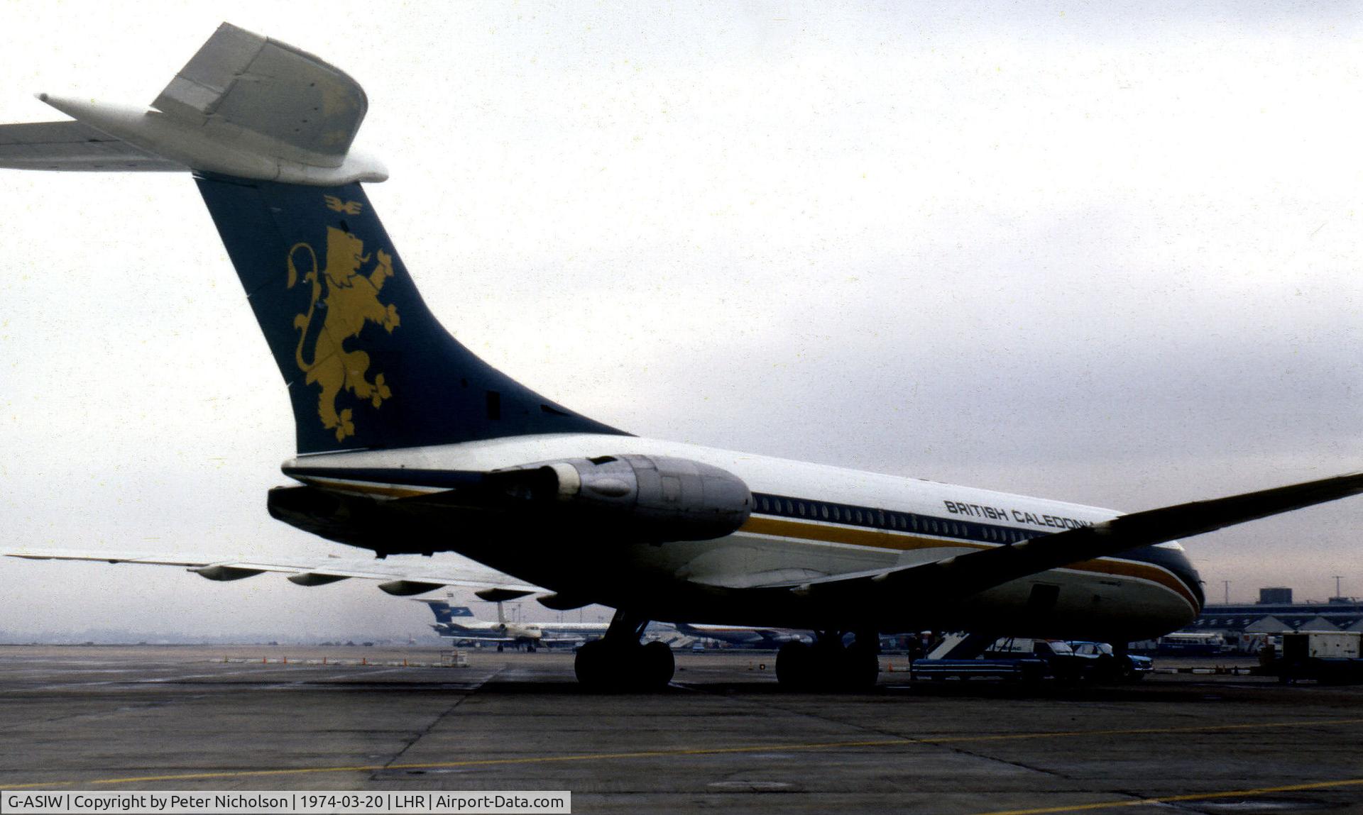 G-ASIW, 1963 Vickers VC10 Srs 1103 C/N 819, Vickers VC.10 of British Caledonian Airways as seen at Heathrow in the Spring of 1974.