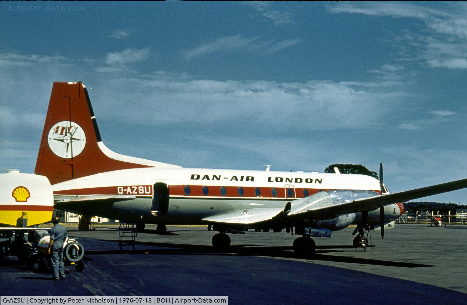 G-AZSU, 1967 Hawker Siddeley HS.748 Series 2A C/N 1612, HS.748 Series 2A of Dan-Air London as seen at Bournemouth Hurn in the Summer of 1976.
