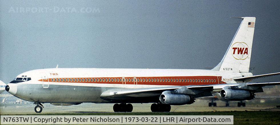 N763TW, 1959 Boeing 707-331 C/N 17676, Trans-World Airlines Boeing 707-331 taxying to the active runway at Heathrow in the Spring of 1973.