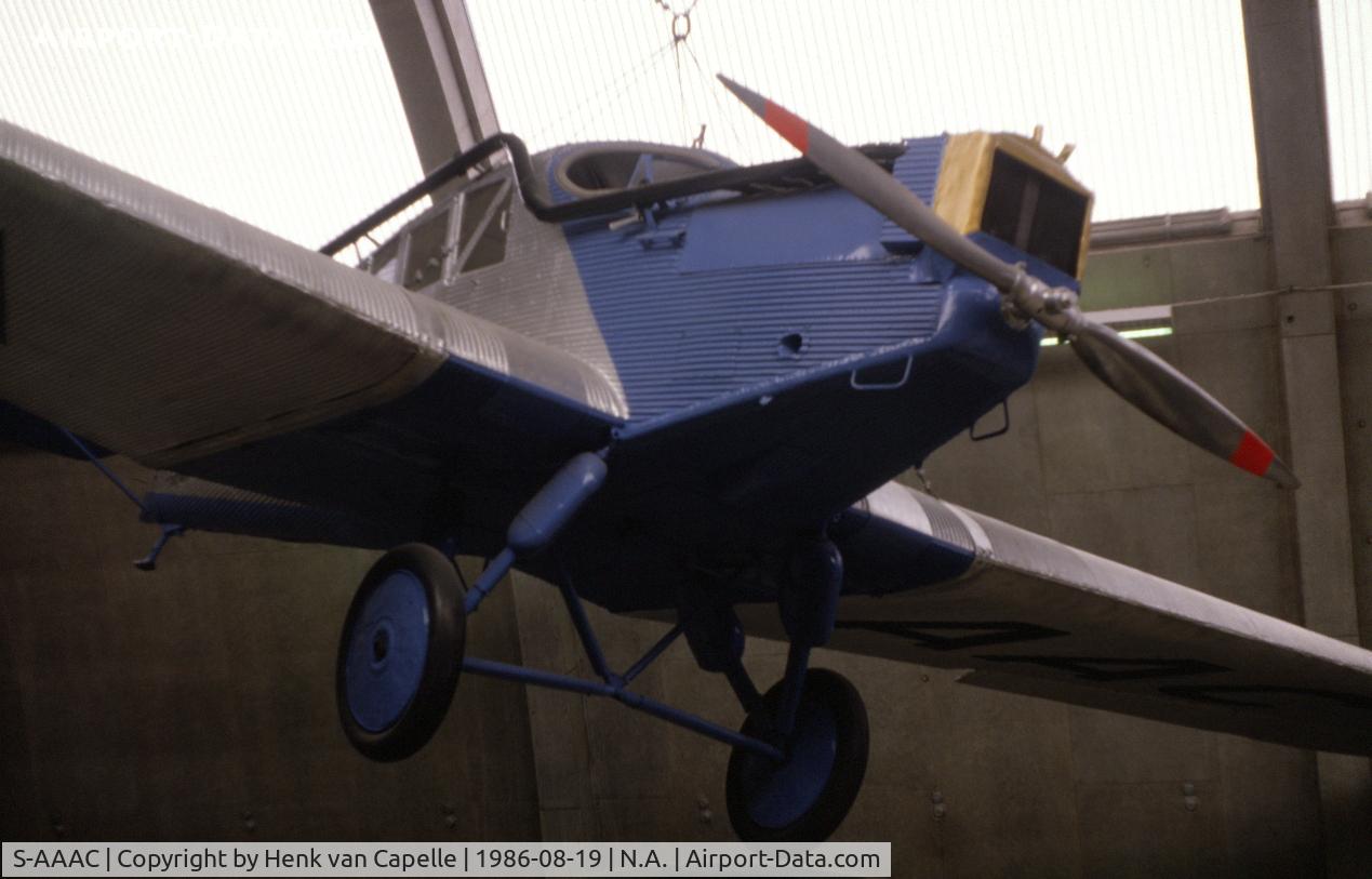 S-AAAC, 1924 Junkers F.13 C/N 715, Junkers F.13 passenger plane from the 1920s hanging from the roof of the Tekniska Museet in Stockholm, Sweden.