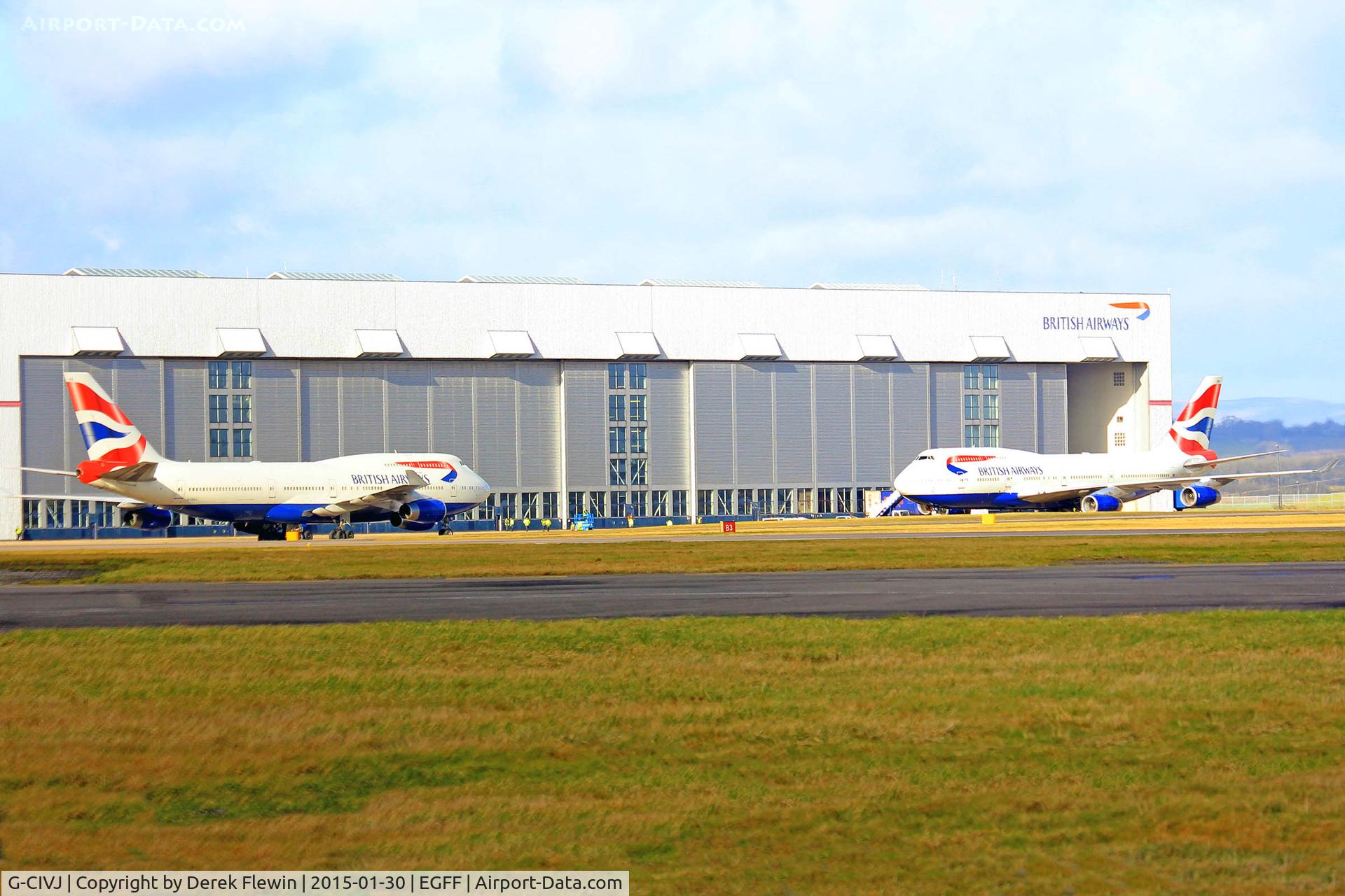 G-CIVJ, 1997 Boeing 747-436 C/N 25817, Seen shutting down at the BAMC Cardiff, Sister ac G-CIVB also in the shot.