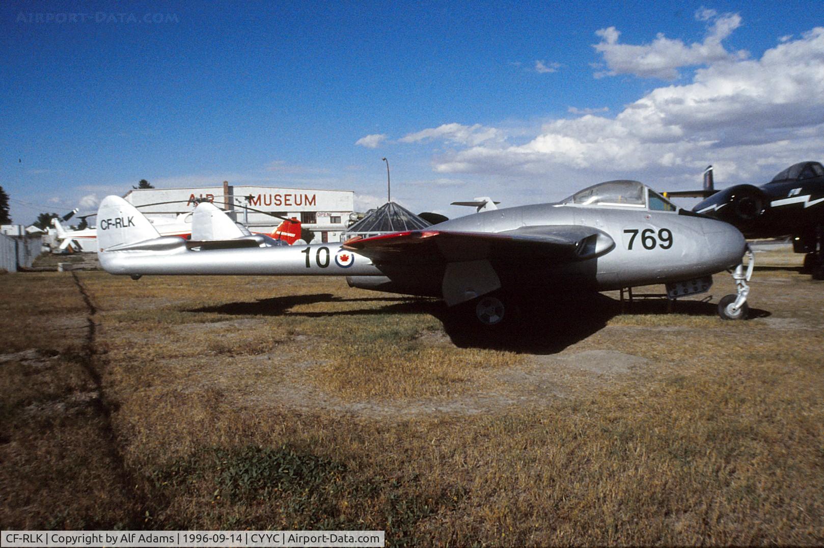 CF-RLK, De Havilland DH-100 Vampire F.3 C/N EEP42387, CF-RLK on display outside at the Aerospace Museum of Calgary in 1996.