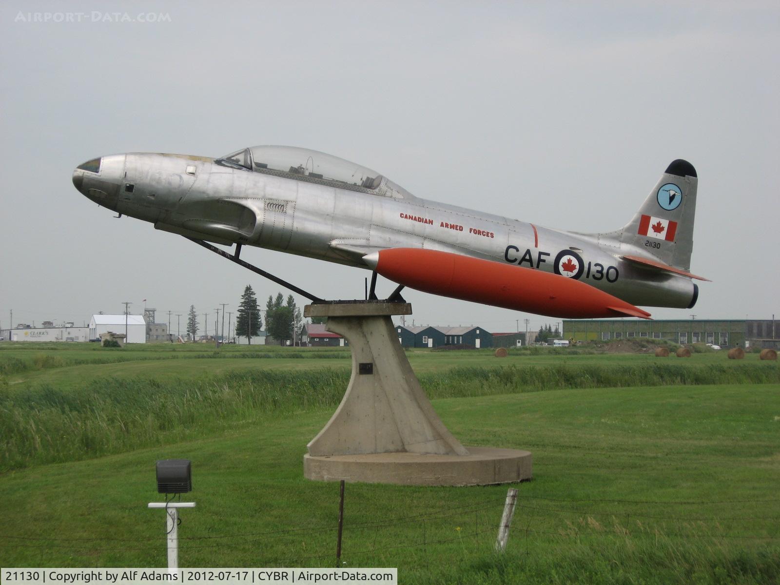21130, Canadair CT-133 Silver Star C/N T33-130, Displayed on a pedestal near the Municipal Airport in Brandon, Manitoba, Canada in 2012.