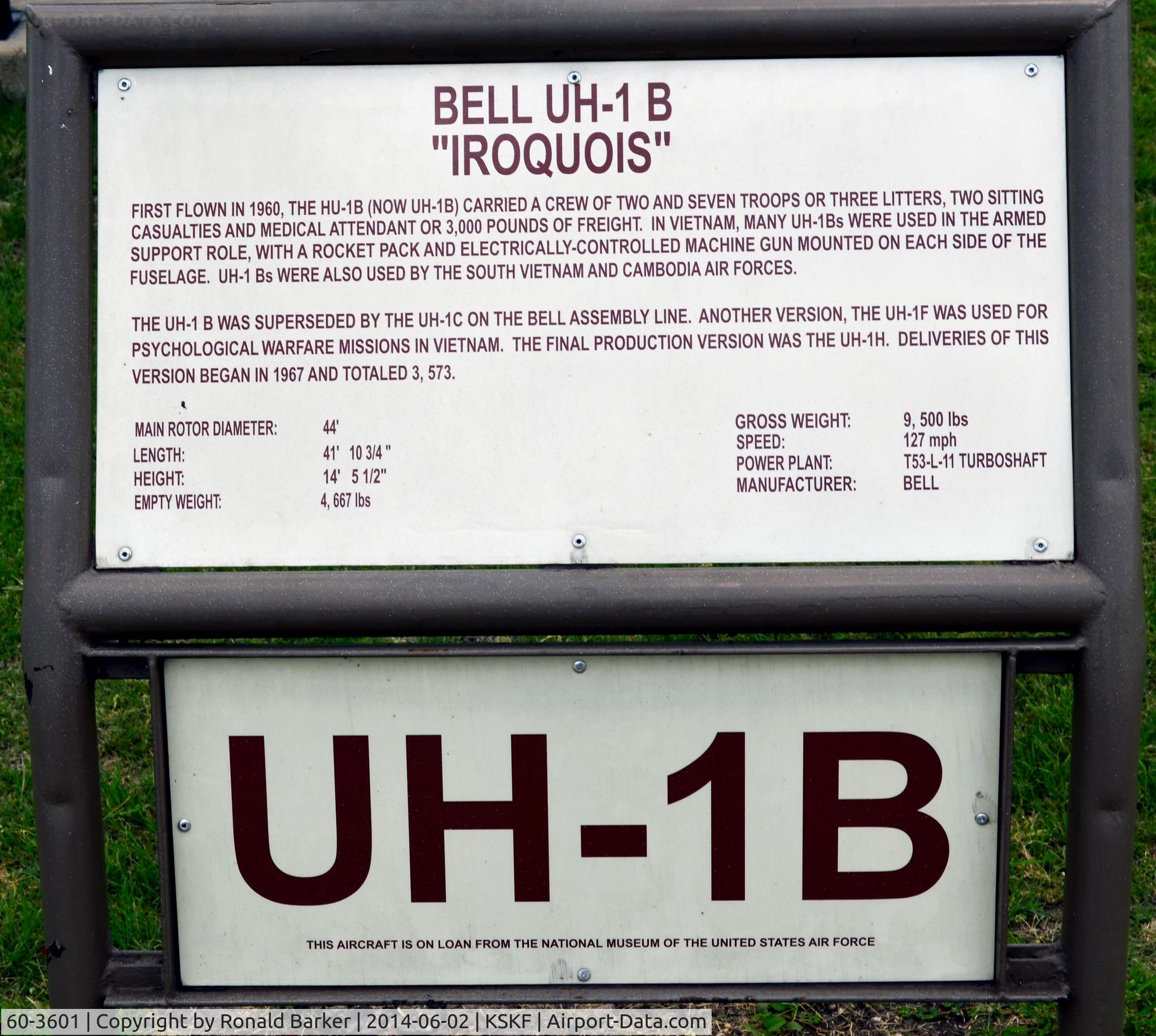 60-3601, 1960 Bell UH-1B-BF Iroquois C/N 247, LMTC TX