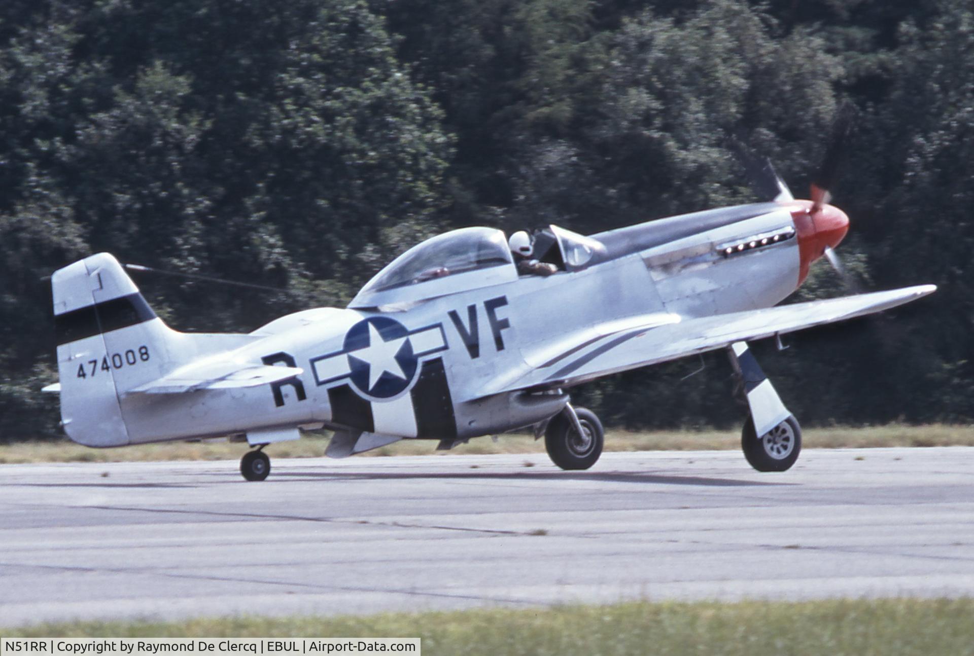 N51RR, 1944 North American P-51D Mustang C/N 122-39798, Taxiing on the runway after demonstration at Ursel in July 1993.