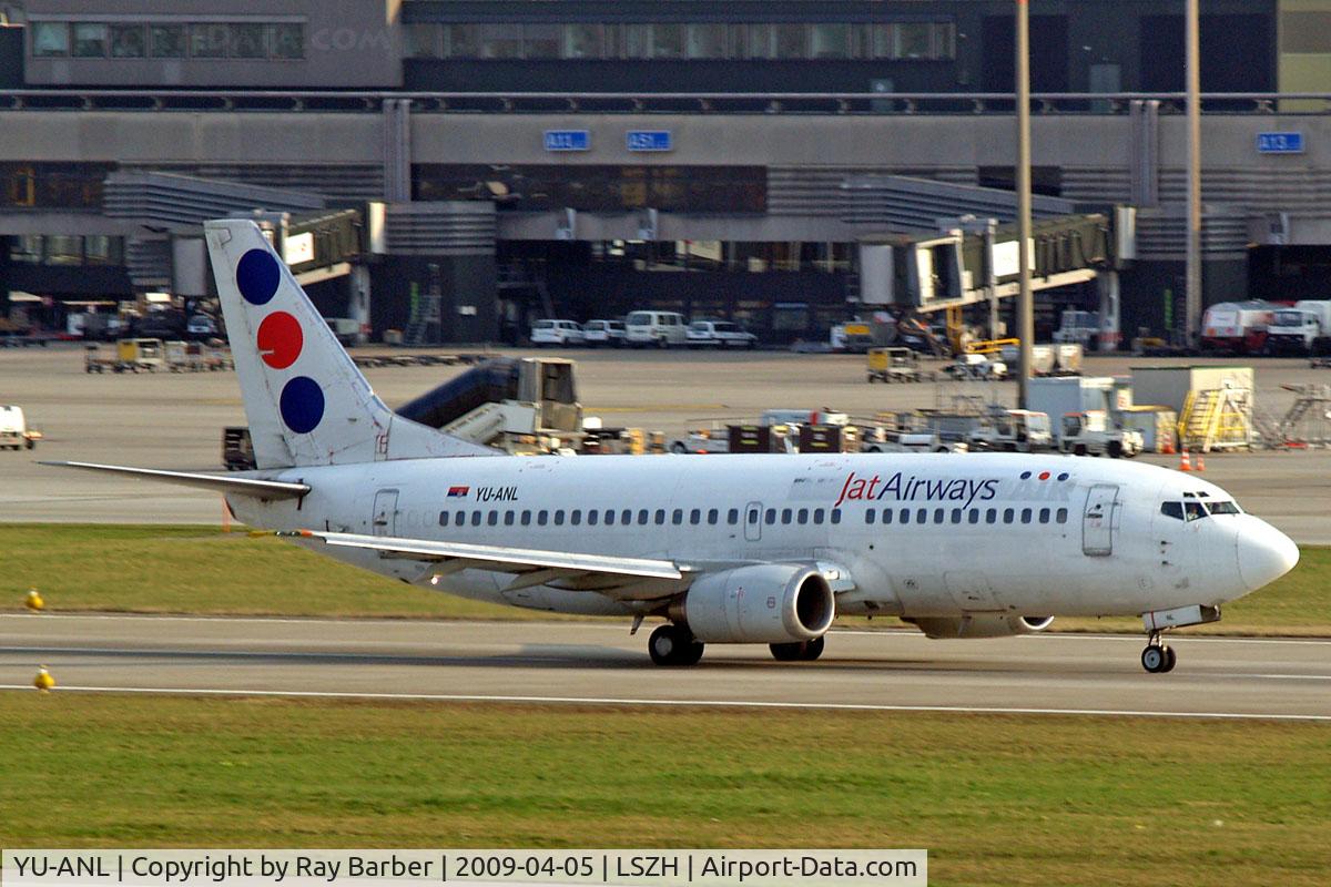 YU-ANL, 1986 Boeing 737-3H9 C/N 23716/1321, Boeing 737-3H9 [23716] (JAT Airways) Zurich~HB 05/04/2009. Hastily applied titles showing previous airline underneath.