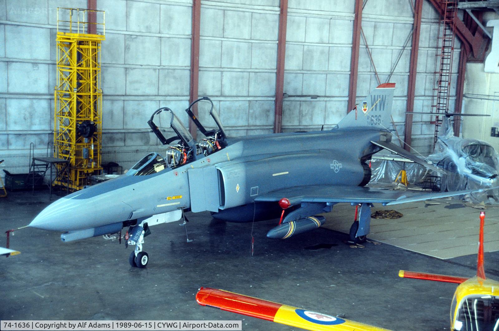 74-1636, 1974 McDonnell Douglas F-4E Phantom II C/N 4870, In a hangar at Canadian Forces Base Winnipeg, Manitoba, Canada in 1989.