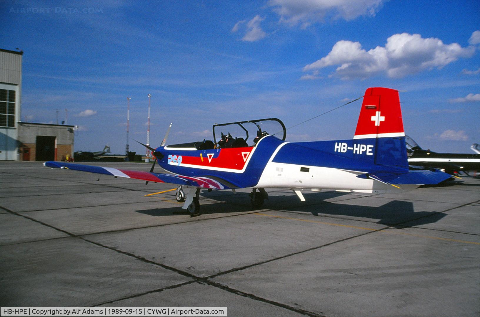 HB-HPE, Pilatus PC-9 C/N 106, Stopover at Winnipeg, Manitoba during a cross Canada promotional tour in 1989.