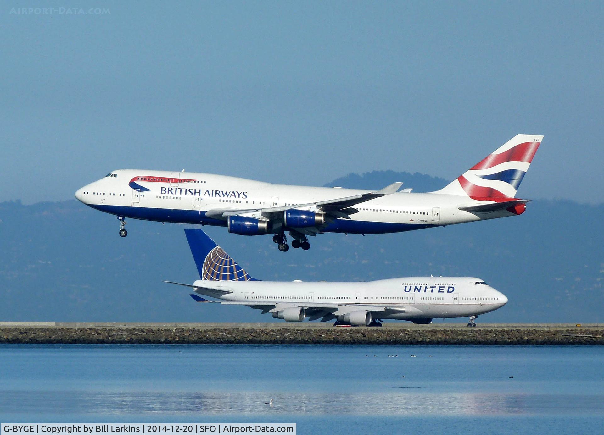G-BYGE, 1999 Boeing 747-436 C/N 28858, Landing at San Francisco on December 20, 2014.
