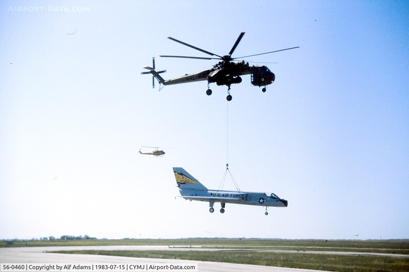 56-0460, 1956 Convair F-106A Delta Dart C/N 8-24-10, Being recovered by CH-54 after damage on landing in 1983.