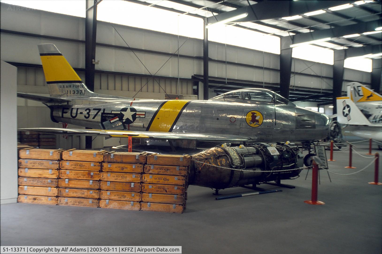 51-13371, 1951 North American F-86F Sabre C/N 176-302, Displayed at the Champlin Fighter Museum, Phoenix, Arizona in 2003.