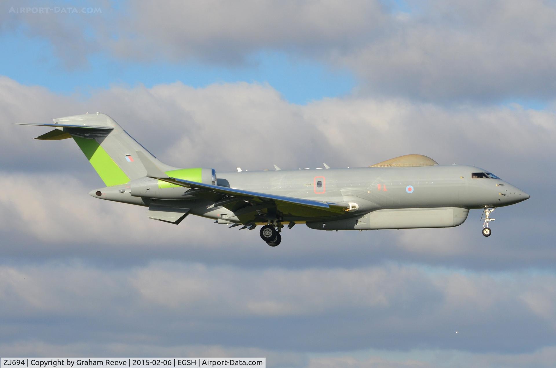 ZJ694, 2007 Bombardier Global Express (BD-700-1A10) Sentinel R1 C/N 9135, About to land at Norwich.