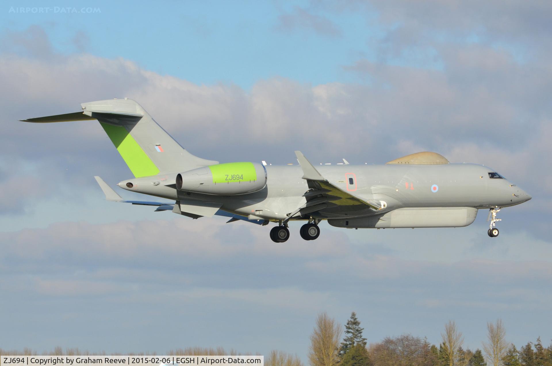 ZJ694, 2007 Bombardier Global Express (BD-700-1A10) Sentinel R1 C/N 9135, About to land at Norwich.