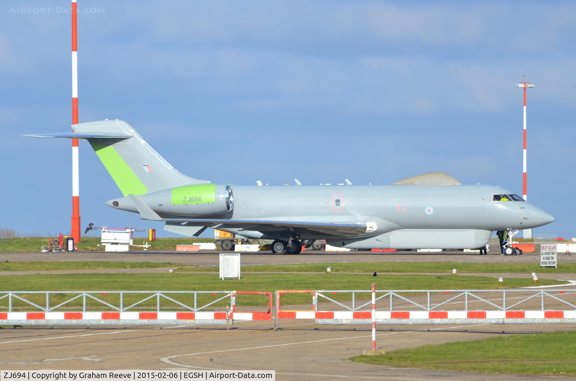 ZJ694, 2007 Bombardier Global Express (BD-700-1A10) Sentinel R1 C/N 9135, Parked at Norwich.