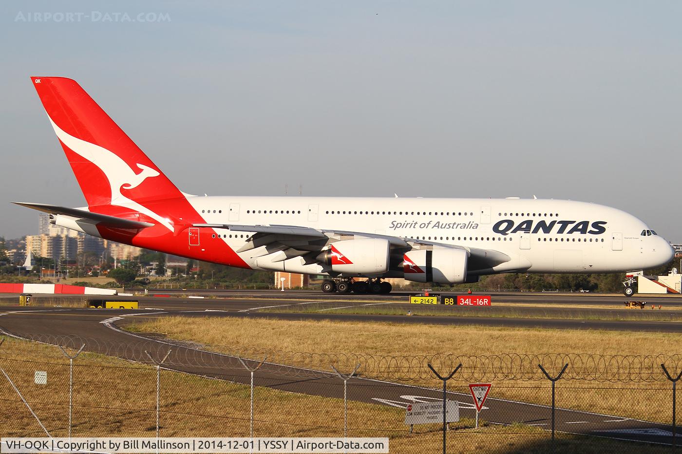 VH-OQK, 2011 Airbus A380-842 C/N 063, taxiing from 34L